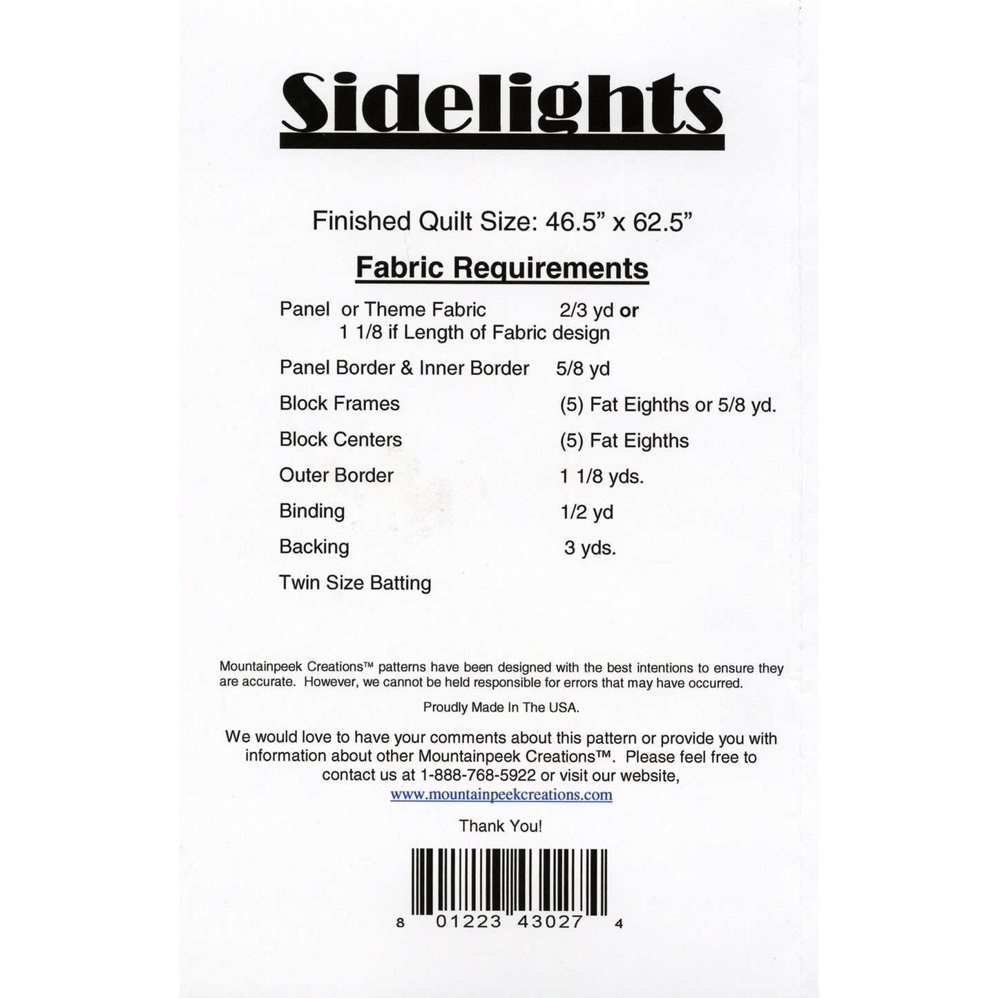 Mountainpeek Creations | Panel Quilt Pattern | Sidelights