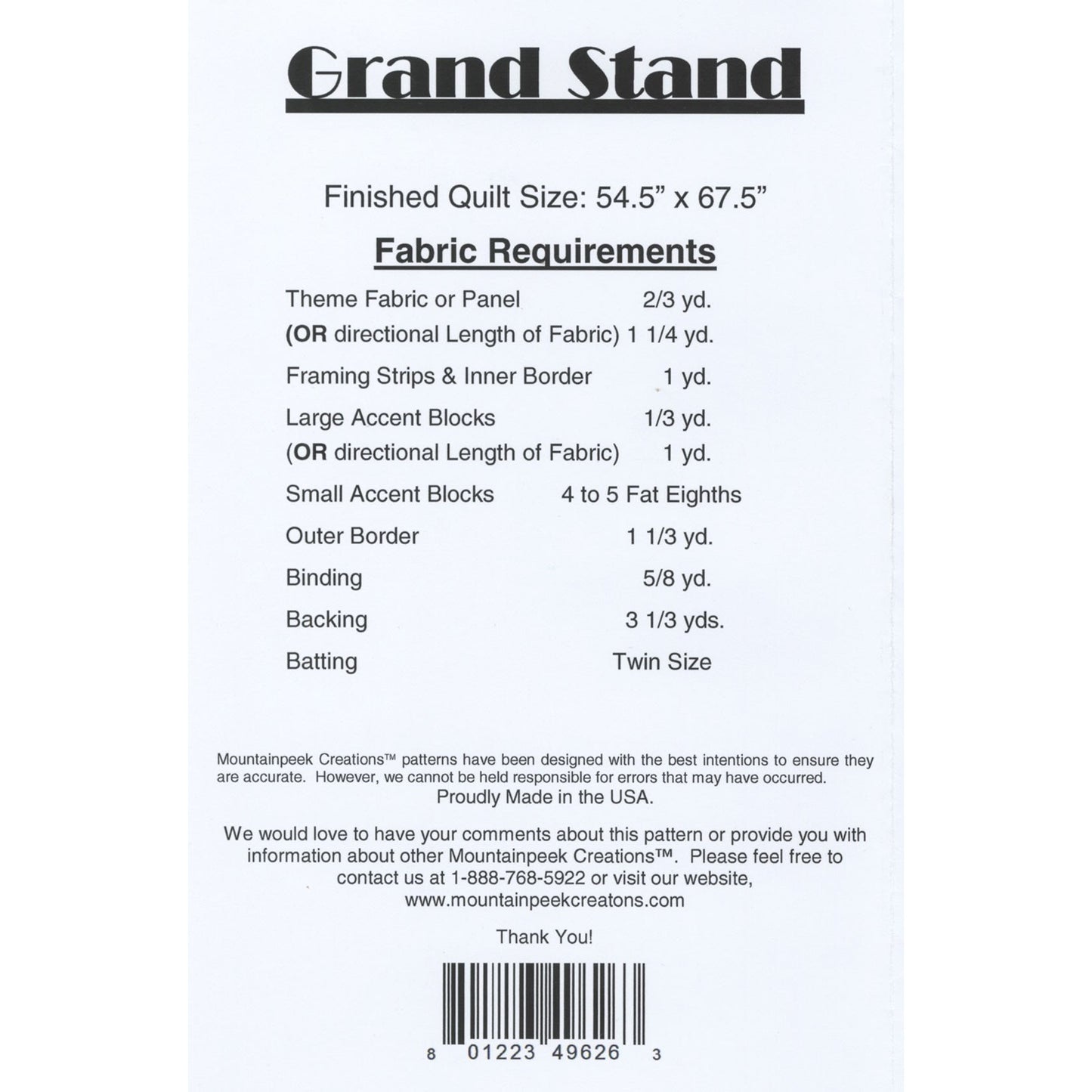 Mountainpeek Creations | Panel Quilt Pattern | Grand Stand