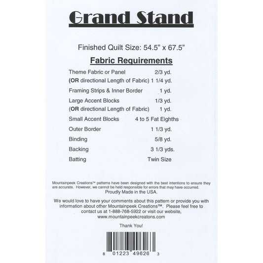 Mountainpeek Creations | Panel Quilt Pattern | Grand Stand